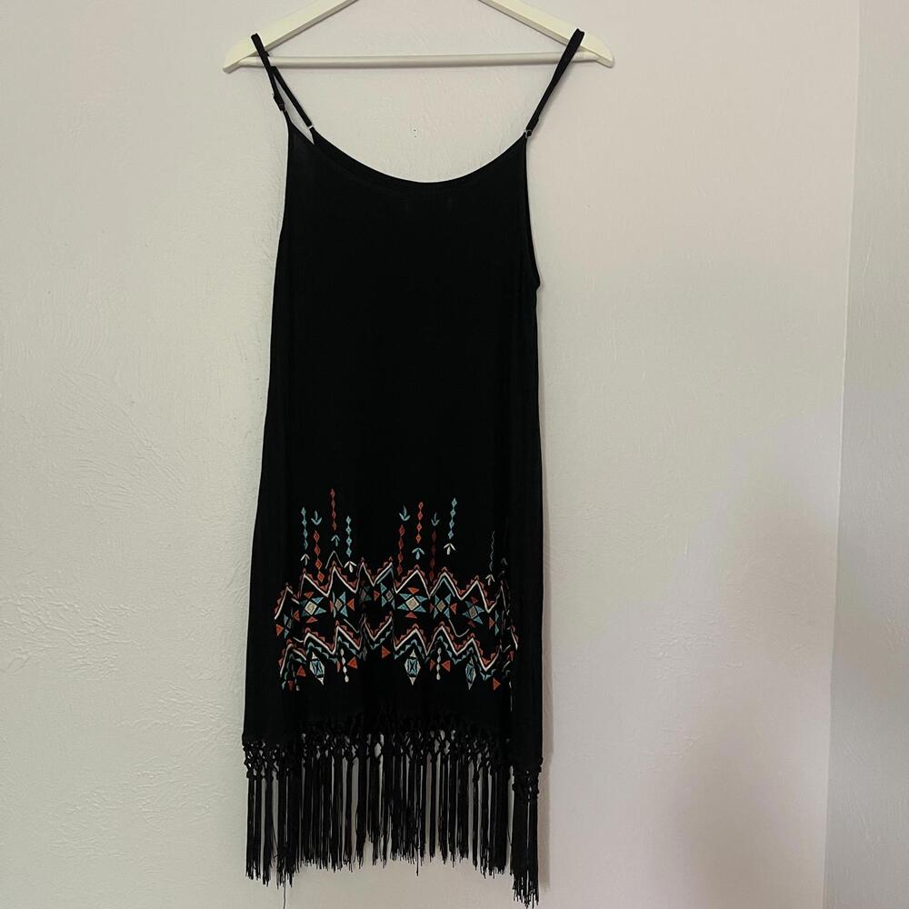 Stylish Black Fringe Dress with Colorful Embroidery